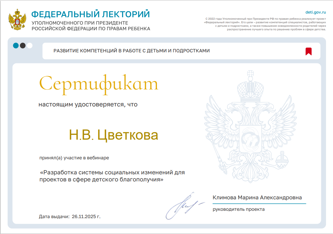 Проект "Федеральный лекторий" Разработка системы социальных изменений для проектов в сфере детского благополучия